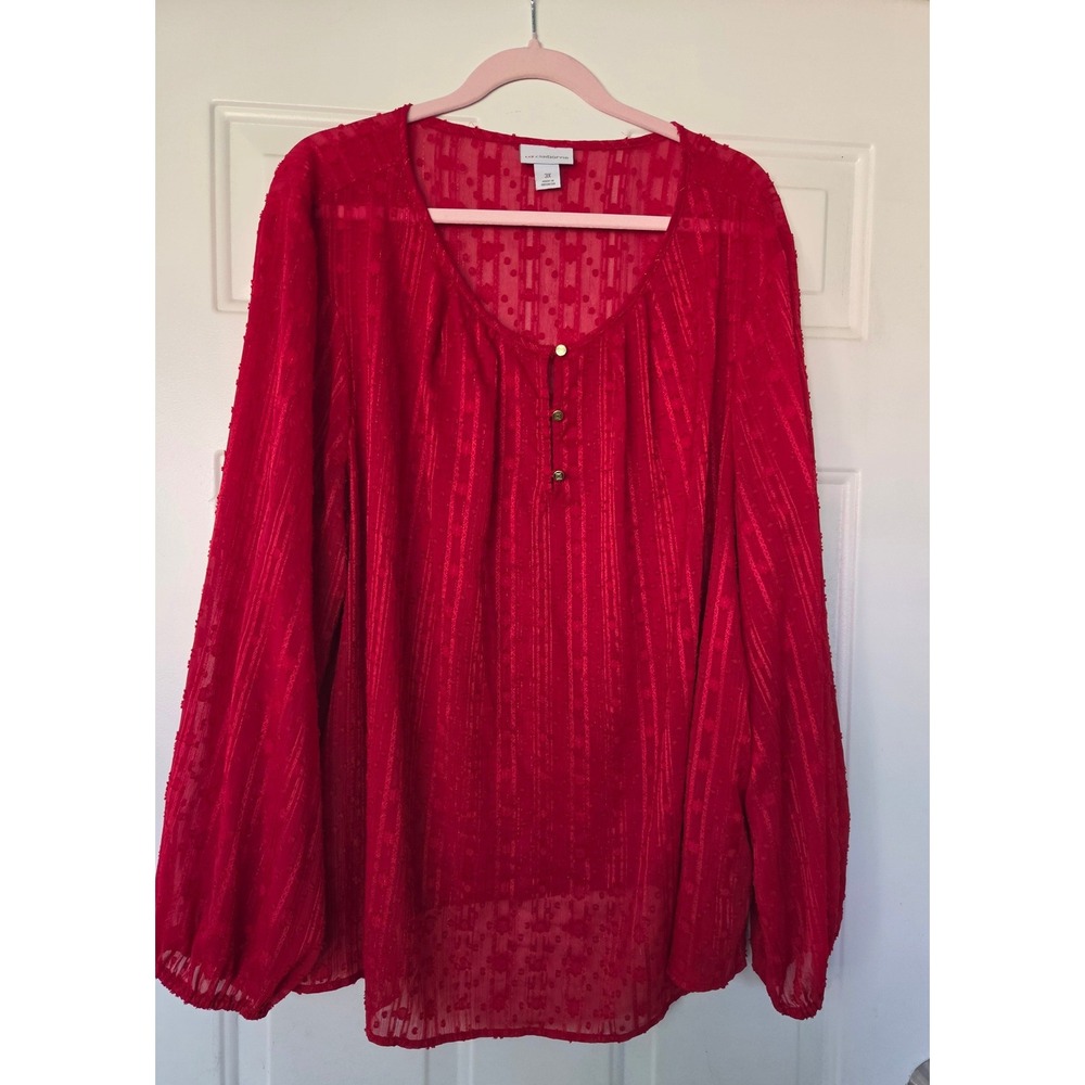 Liz Claiborne Red Clip Dot Blouse Plus Size 3X Long Sleeve Button Front Top